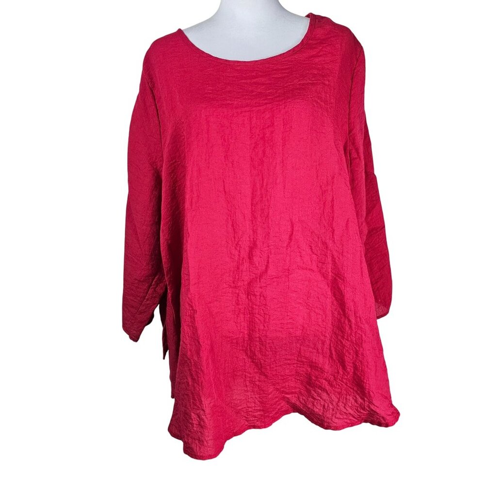 Oversized Tunic‎ OS Poppy Red Tie Sleeve Rayon Blend Lagenlook Boho Resort